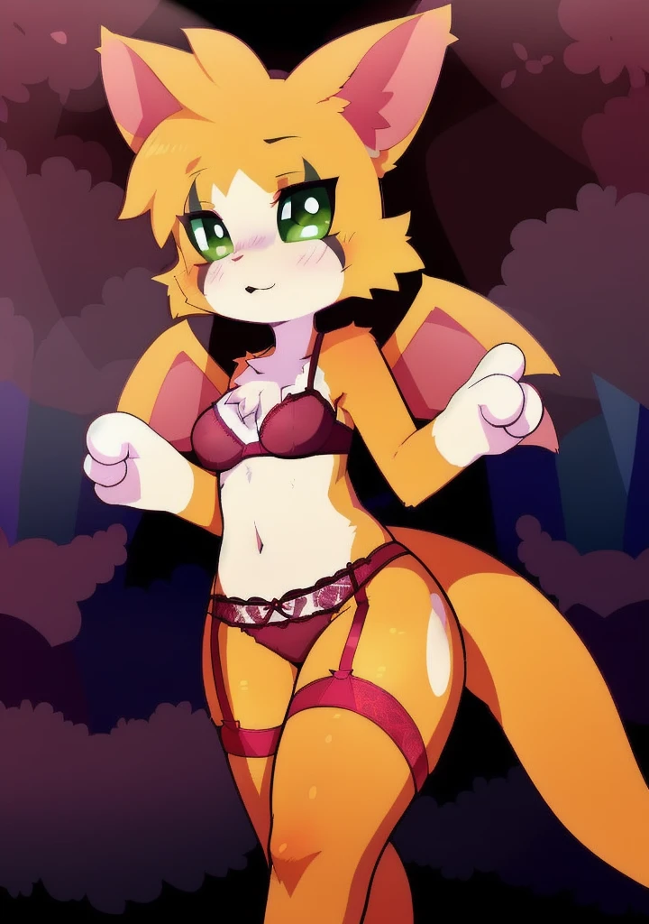 uploaded on e621, (art by Dagasi), (kemono:1.3), (((fidget (elysian tail)))), kid solo, fairy size, green eyes, membranous wings, female toddler, Small, beautiful and detailed green eyes, looking at viewer, flat breasts, (thick thighs ), thin, slender body, thin, slender body, feline appearance, (blush), (4 fingers), beautiful hands, ((detailed dark background:1.5, body with shadows, dark forest, ambient shadows)), (intricate:0.7), (high detail:1.3), (soft focus:1.15), (masterpiece, best quality, 4k, 2k, shaded, absurd res), wearing victoria's secrets lingerie, lace bra, lace stockings, garter belt, lace panties,