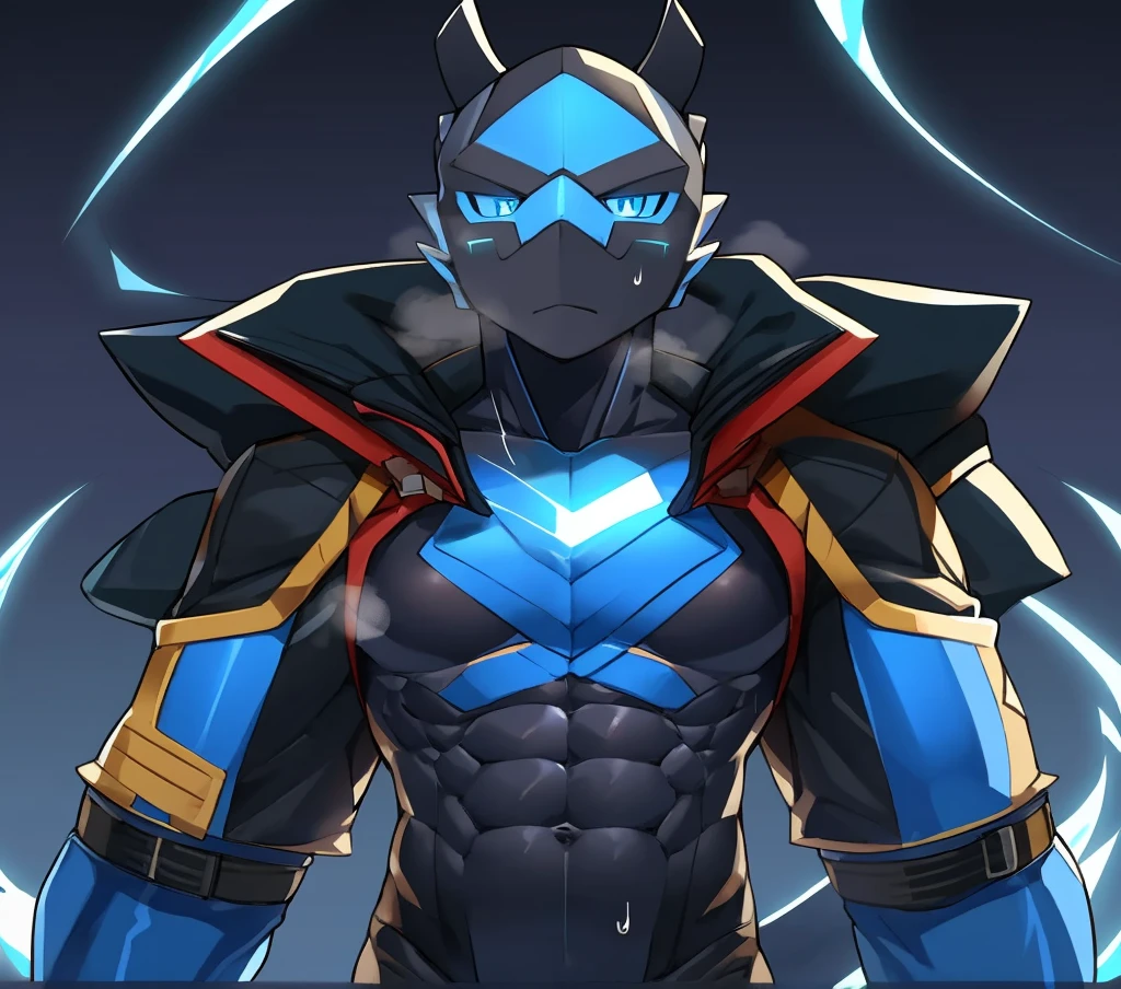 Thin macho western black dragon abs Hollow abs body suit thick arms chest rig 、sweaty skin glow profile Wearily short of breath Chemo shota
have a blue eyes Tired look jacket