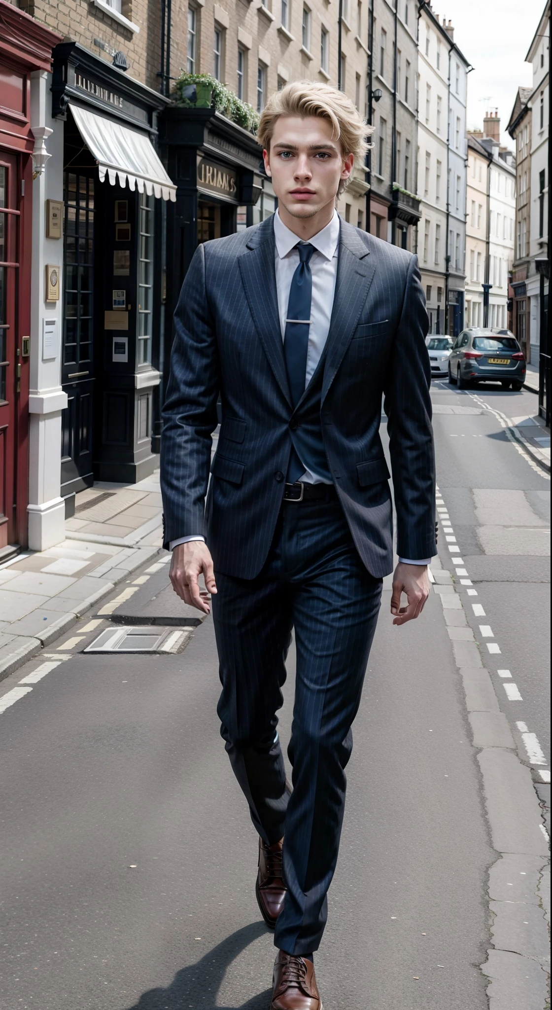 High resolution image of white skinned blond man, brawny, showing full body, braços brawnys, wearing a gray pinstripe suit, wearing caramel leather buckle shoes, walking in deserted London, With Sun, looking at camera, perfect italian style face, fine nose, pink mouth lips, cloused mouth, well-defined eyes with blue iris, show muscular legs, 8K ultra resolution.