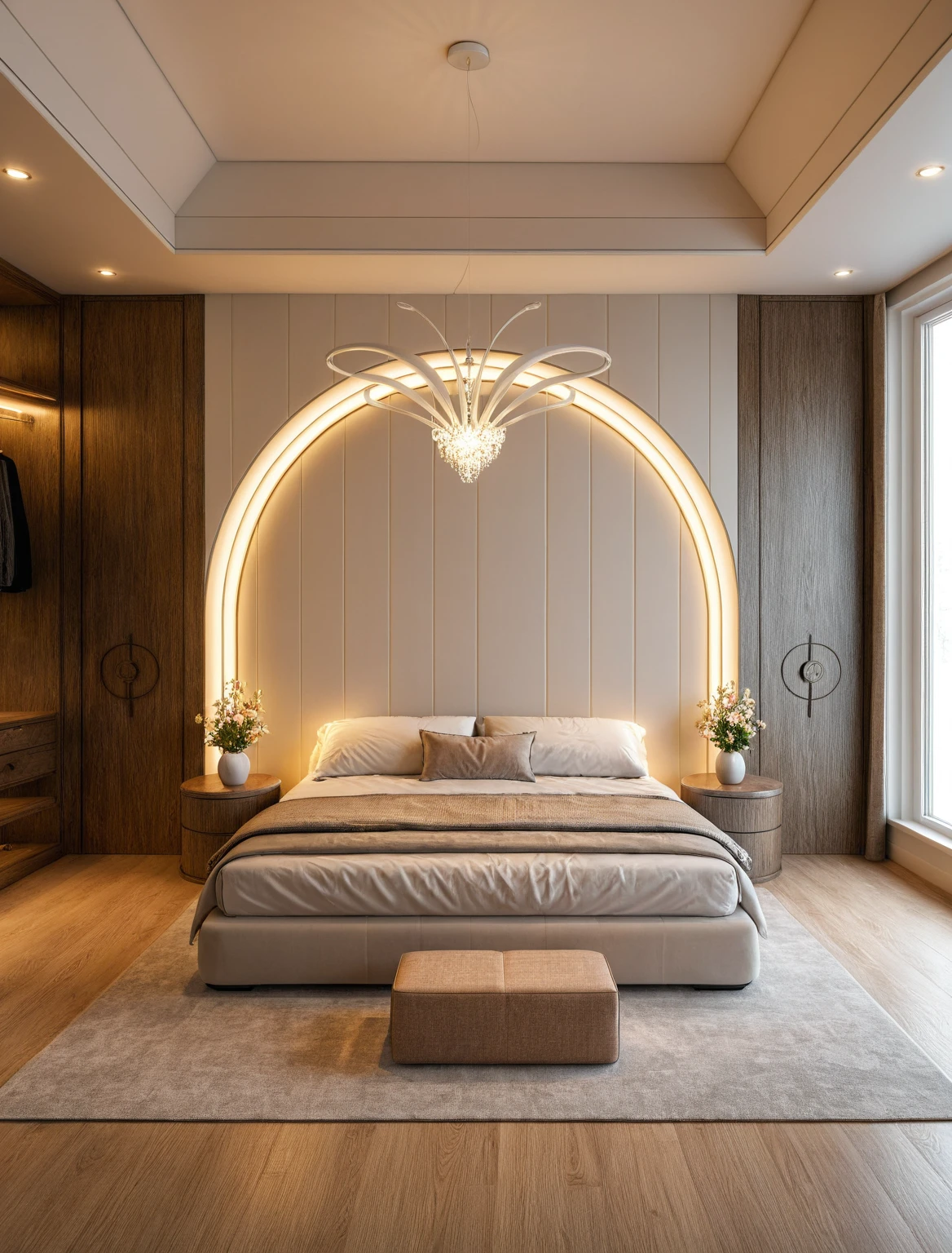 Raw photo,Masterpiece, high quality, best quality, authentic, super detail, interior, ((girl's bedroom)), ((style Minimalism)), sunset, day light, bed, carpet, curves, bedside cabinets, wood floor ,wardrobe, led, flower vase, butterfly chandelier , windows, downlight,