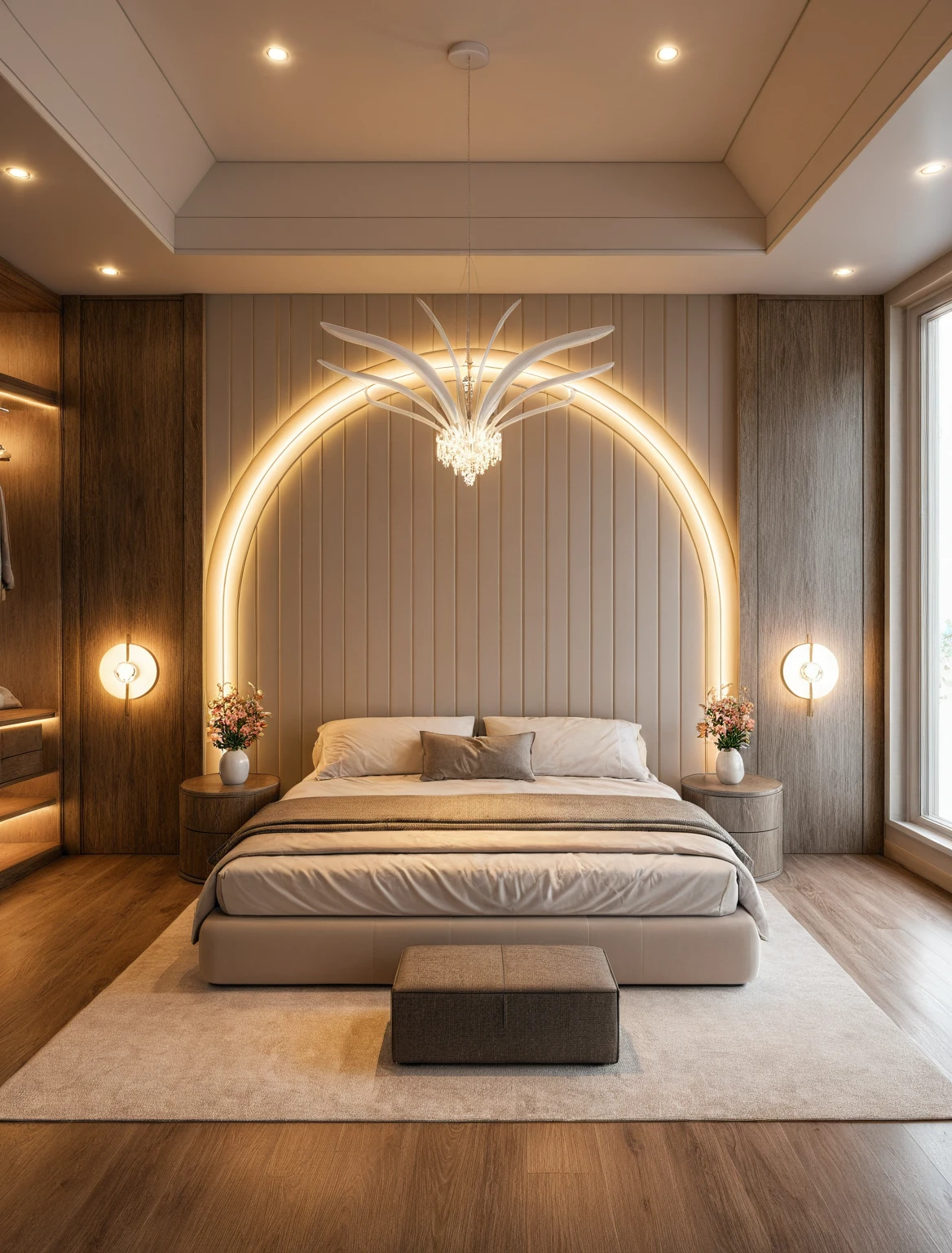 Raw photo,Masterpiece, high quality, best quality, authentic, super detail, interior, ((girl's bedroom)), ((style Minimalism)), sunset, day light, bed, carpet, curves, bedside cabinets, wood floor ,wardrobe, led, flower vase, butterfly chandelier , windows, downlight,