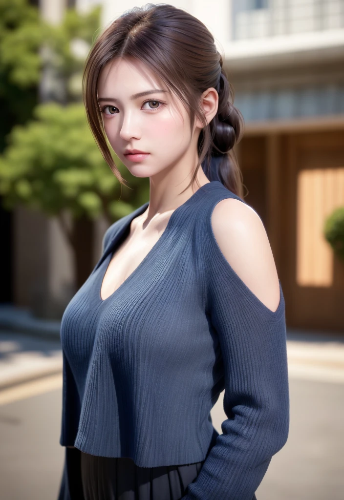 (masterpiece:1.3), (8K, Photorealistic, Raw photo, Best image quality: 1.4), Japanese schoolgirl、(Random Hairstyles:1.2)、Cleavage:1.2、Super detailed face、Attention to detail、double eyelid、Put your chest together、Sharp focus:1.2、Beautiful woman:1.4、Light brown hair、Highest quality、masterpiece、Ultra-high resolution、(Photorealistic:1.4)、Highly detailed and professionally lit smile、Loose, lightweight black knitwear、Shoulder out、thin、Serious expression、Short-haired、Deadly position、I can see your chest、Blonde、