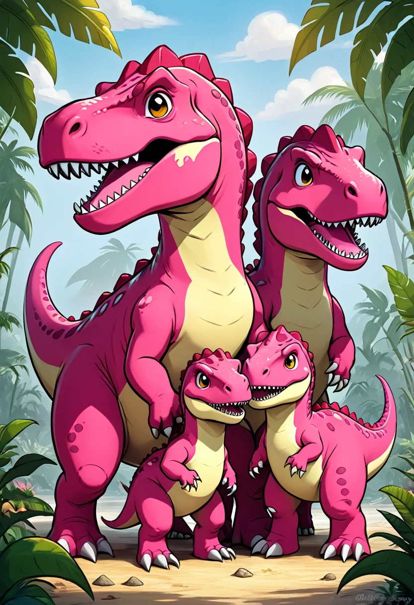 Cute pink Tyrannosaurus Rex,a family of three,Warm