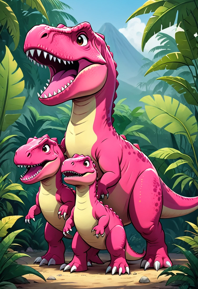 Cute pink Tyrannosaurus Rex,a family of three,Warm