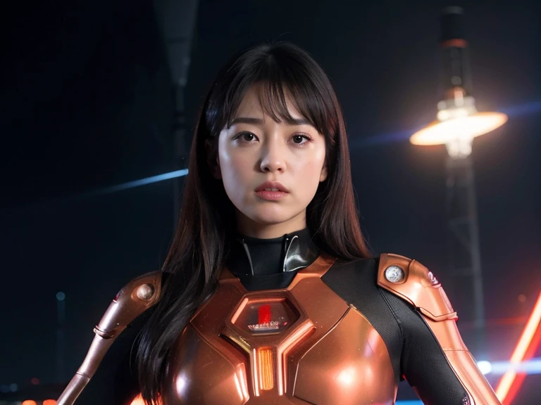 (RAW Photos, Highest quality), (Realistic, Photorealistic:1.3), 1 Girl、Realisticbody、Red and gold battle suit、Pyramid-shaped UFO from outer space、Countless laser beams、Tron、Starship