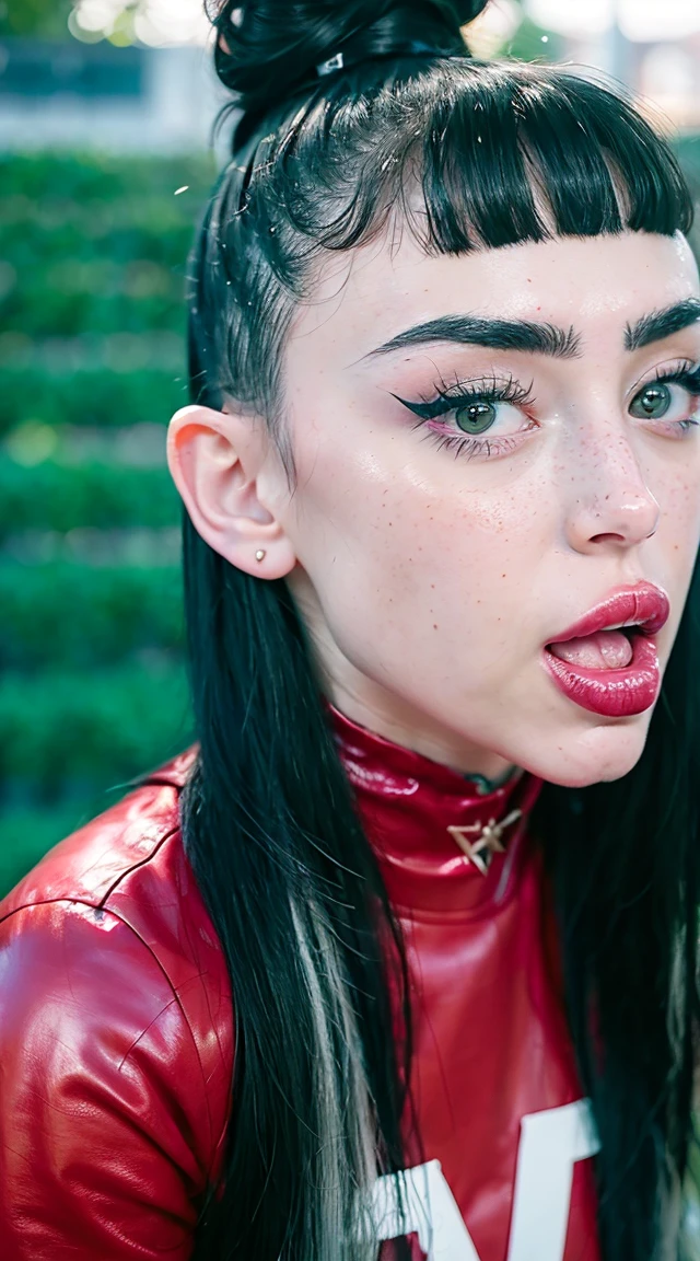 a close up of 1girl in a red dress with tattoos on her chest, , fotografía analógica de ahegao, ahegao expression, sweat ((salivation)), bukkake, 1girl has reddened cheeks, (soft saturation:1.2), analog film photography, highly detailed, photorealistic, 8k, realistic skin texture, detailed facial features, ((seductive pose)), (dynamic angle), (tipo de cuerpo pequeño:1.1), (petite body), multiple angles, charli xcx, ava max, bella poarch, she looks like a mix of grimes, charli bowater, sexy look, billie eilish, madison beer as leeloo, portrait of kim petras, 18 years old, the super hot and sexy, looks a blend of grimes