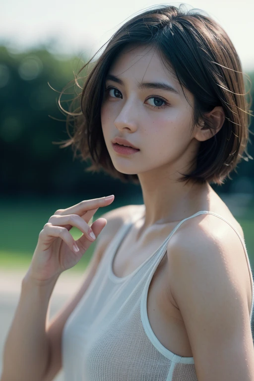 (Masterpiece), ((Top Quality)), ((8K Wallpaper)), ((Ultra High Resolution)), Good Composition, (Ultra Detail), Beautiful Art, Artistic, Realistic, Beautiful, Good Art, Landscape, Movie scene, shiny skin, detailed skin, fine skin, (beautiful hair), (beautiful eyes), (perfect anatomy), (realistic), five-fingered delicate hand, shot on canon, film grain, shot by Christopher Nolan, hard shadow, masterpiece, best quality, Intricate, High Detail, analog style, (soft focus:0.6), modelshoot style, film grain, photo of a beautiful girl, (((boyish and healthy girl))), (High school girl), abeautiful trained body , sweaty skin, short hair, (perfect eyes), (detailed eyes), (High school girl)
, impossible, absurd
,