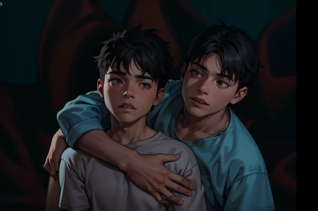 There are two 16 year old boys, one is stopping the other, hugging him from behind, they are seriously worried.