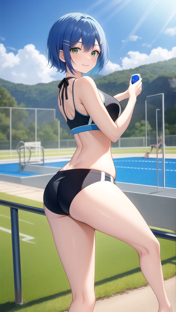 blue hair,short hair,green eyes, hairclip, black bikini , sports bra, smile, barefoot, Landscape,on your back