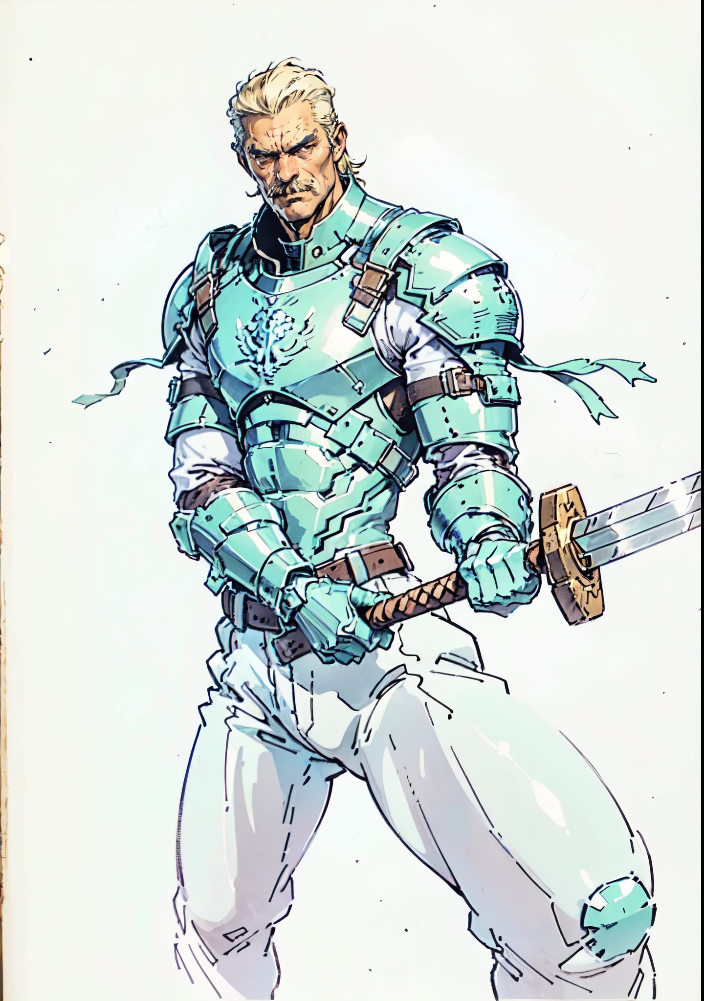 (masterpiece:1.2, best quality, extremely delicate, perspective, foreshortening, dynamic angle), a middle-aged man with slicked-back golden hair, a dignified face, deep eyes, a mustache on his upper lip, a focused expression, tall and muscular, covered in scars, fantasy-reality style warrior leather armor, ribbons tied around his arms, black iron bracers, dark cargo pants, holds a long-handled greatsword with both hands, standing guard in front of a fortress gate, this character embodies a finely crafted fantasy-realist style warrior in anime style, exquisite and mature manga art style, dramatic, high definition, highres, ultra-detailed, ultra-fine painting, professional, perfect body proportions, golden ratio, anatomically correct, symmetrical face, extremely detailed eyes and face, high quality eyes, creativity, RAW photo, UHD, 32k, Natural light, cinematic lighting, masterpiece-anatomy-perfect