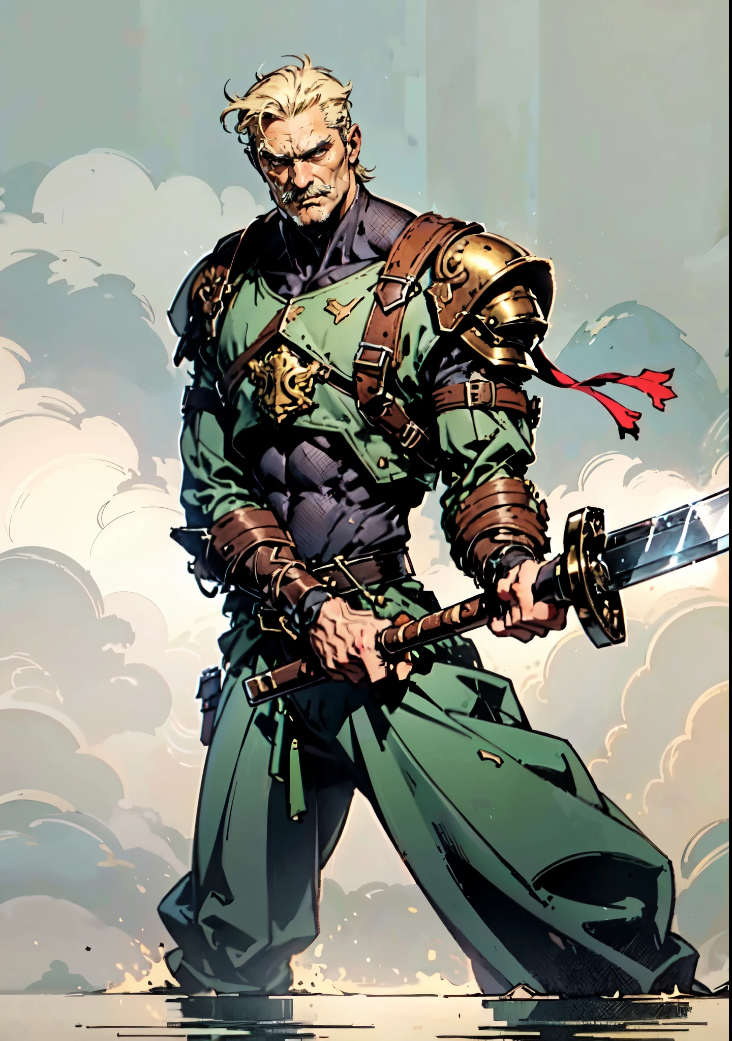 (masterpiece:1.2, best quality, extremely delicate, perspective, foreshortening, dynamic angle), a middle-aged man with slicked-back golden hair, a dignified face, deep eyes, a mustache on his upper lip, a focused expression, tall and muscular, covered in scars, fantasy-reality style warrior leather armor, ribbons tied around his arms, black iron bracers, dark cargo pants, holds a long-handled greatsword with both hands, standing guard in front of a fortress gate, this character embodies a finely crafted fantasy-realist style warrior in anime style, exquisite and mature manga art style, dramatic, high definition, highres, ultra-detailed, ultra-fine painting, professional, perfect body proportions, golden ratio, anatomically correct, symmetrical face, extremely detailed eyes and face, high quality eyes, creativity, RAW photo, UHD, 32k, Natural light, cinematic lighting, masterpiece-anatomy-perfect
