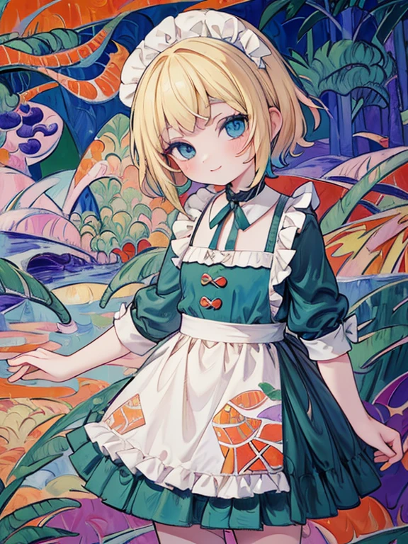 masterpiece, Highest quality, Very detailed, 16K, Ultra-high resolution, Cowboy Shot, Alice in Wonderland, (fauvism:1.8), -yeld gi Detailed face, smile, blue eyes, blonde, Braiding, Long Hair, Ribbon on head, Blue clothes, Plain white apron