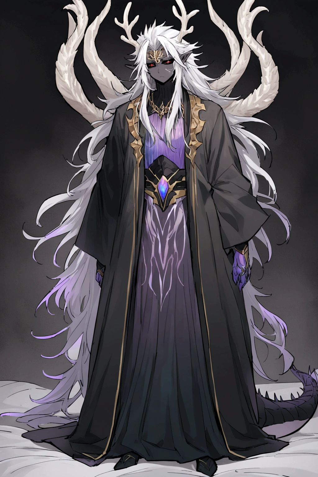 Solo, male , Character fusion: Nibelung fused with nidhoggr, odin and sun wukong, tall tanned man with wild unruly white hair, bangs on face, bangs, ((iridescent irises)), black sclera on eyes, long voluminous hair, spiky hair, pointy ears, fit , clawed fingers, dragon tail, open haori, turtleneck tanktop, dark crystal antlers, exhausted expression, khaenr'ah abyss, draconic person, calamity incarnate,  full body