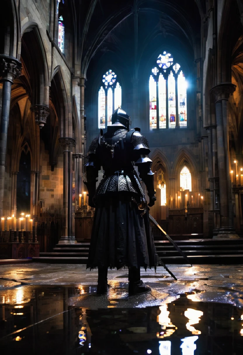 fisheye lens, gothic black knight standing inside a gothic church, wet stone, puddles, infinite vaults, bloodborne, dramatic light, low key, candle light