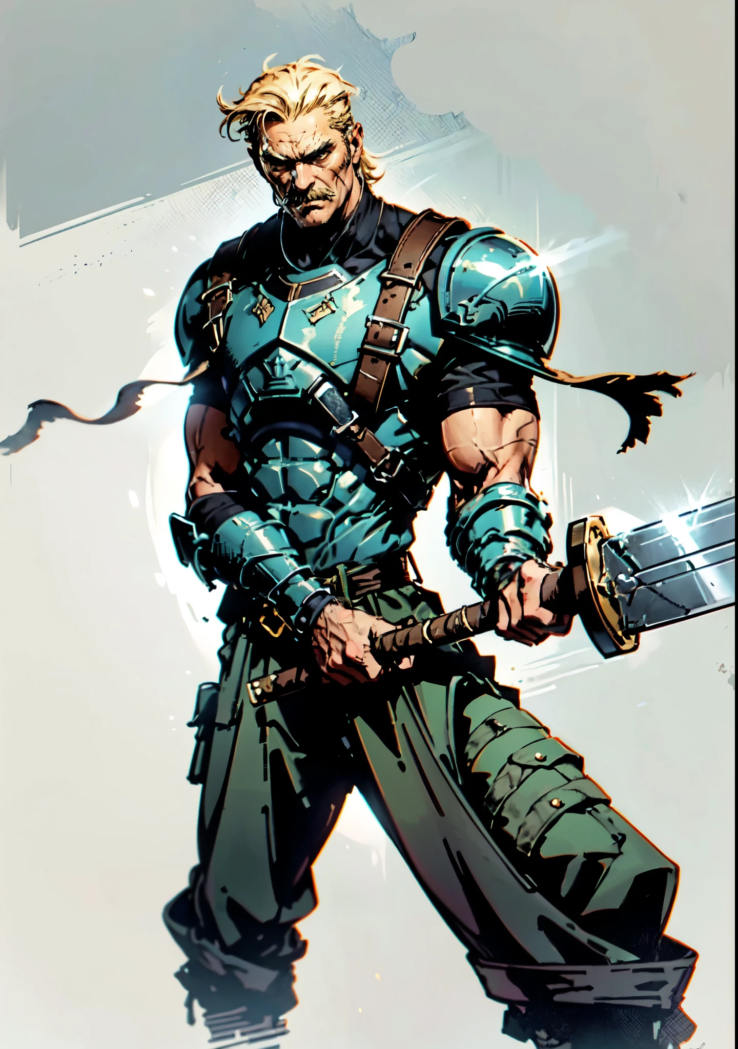 (masterpiece:1.2, best quality, extremely delicate, perspective, foreshortening, dynamic angle), a middle-aged man with slicked-back golden hair, a dignified face, deep eyes, a mustache on his upper lip, a focused expression, tall and muscular, covered in scars, fantasy-reality style warrior leather armor, ribbons tied around his arms, black iron bracers, dark cargo pants, holds a long-handled greatsword with both hands, standing guard in front of a fortress gate, this character embodies a finely crafted fantasy-realist style warrior in anime style, exquisite and mature manga art style, dramatic, high definition, highres, ultra-detailed, ultra-fine painting, professional, perfect body proportions, golden ratio, anatomically correct, symmetrical face, extremely detailed eyes and face, high quality eyes, creativity, RAW photo, UHD, 32k, Natural light, cinematic lighting, masterpiece-anatomy-perfect