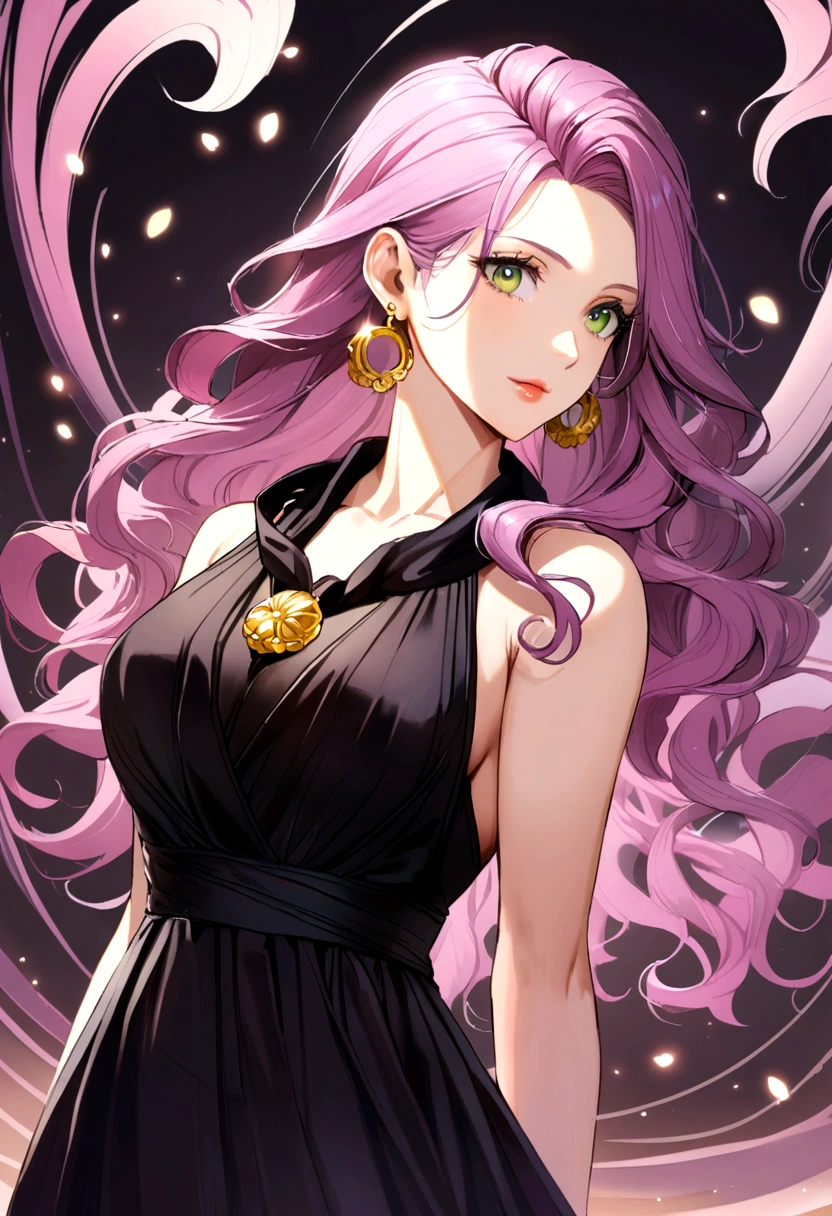 40 year old woman, pink purple hair, long curly hair, green eyes, gold earrings, black dress, black ribbon around neck.