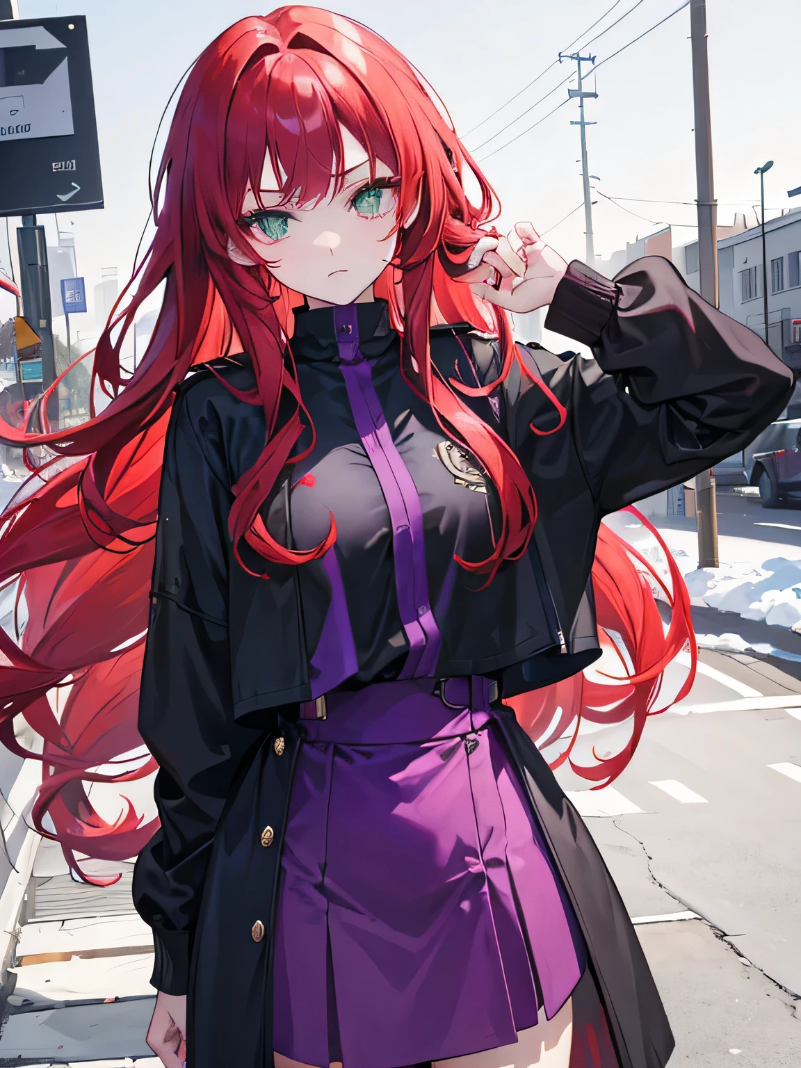 girl, green eyes, long red hair, she hair messy wavy. wear purple black uniform, arogant, independent woman, thug. bad girl. itimidating women. glare. background in winter.