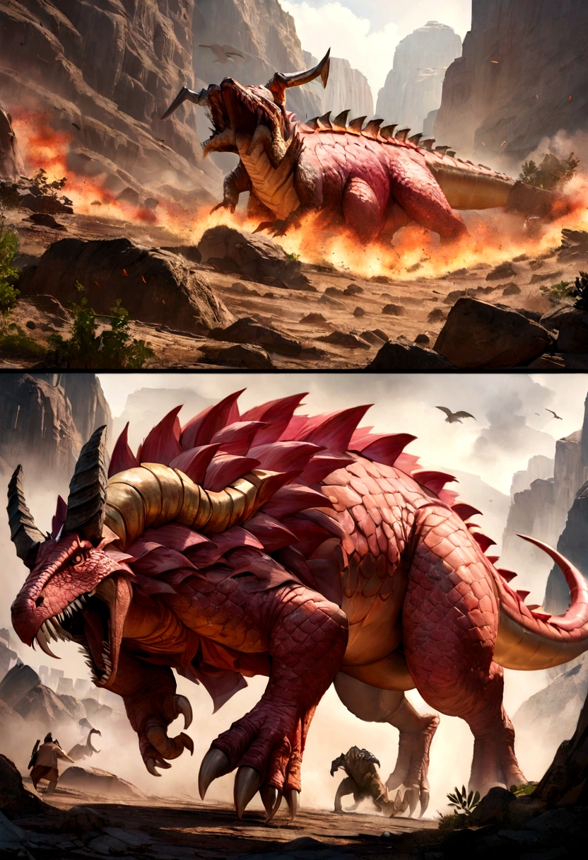 a fierce battle between a pink T-Rex versus triceratops, (Best quality, 4k, High Res, Ultra detailed), Intense fighting, roars and trumpets, Dusty prehistoric landscape, Realistic shadows, vivid colors, (Detailed, intricate, elaborate) Dinosaur scales and textures, Dynamic Moves, (ferocious, Expressions on dinosaur faces, (powerful, muscular) Bodies, sharp teeth and horns, (big size ass, imposing) Size, (dramatic, dynamic) luci, (powerful, energetic) Plantea, (tension, anticipation) In the air, 1 versus 1, blood, hunting, defending, life or death fight
