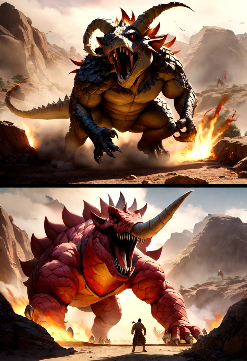 a fierce battle between a pink T-Rex versus triceratops, (Best quality, 4k, High Res, Ultra detailed), Intense fighting, roars and trumpets, Dusty prehistoric landscape, Realistic shadows, vivid colors, (Detailed, intricate, elaborate) Dinosaur scales and textures, Dynamic Moves, (ferocious, Expressions on dinosaur faces, (powerful, muscular) Bodies, sharp teeth and horns, (big size ass, imposing) Size, (dramatic, dynamic) luci, (powerful, energetic) Plantea, (tension, anticipation) In the air, 1 versus 1, blood, hunting, defending, life or death fight