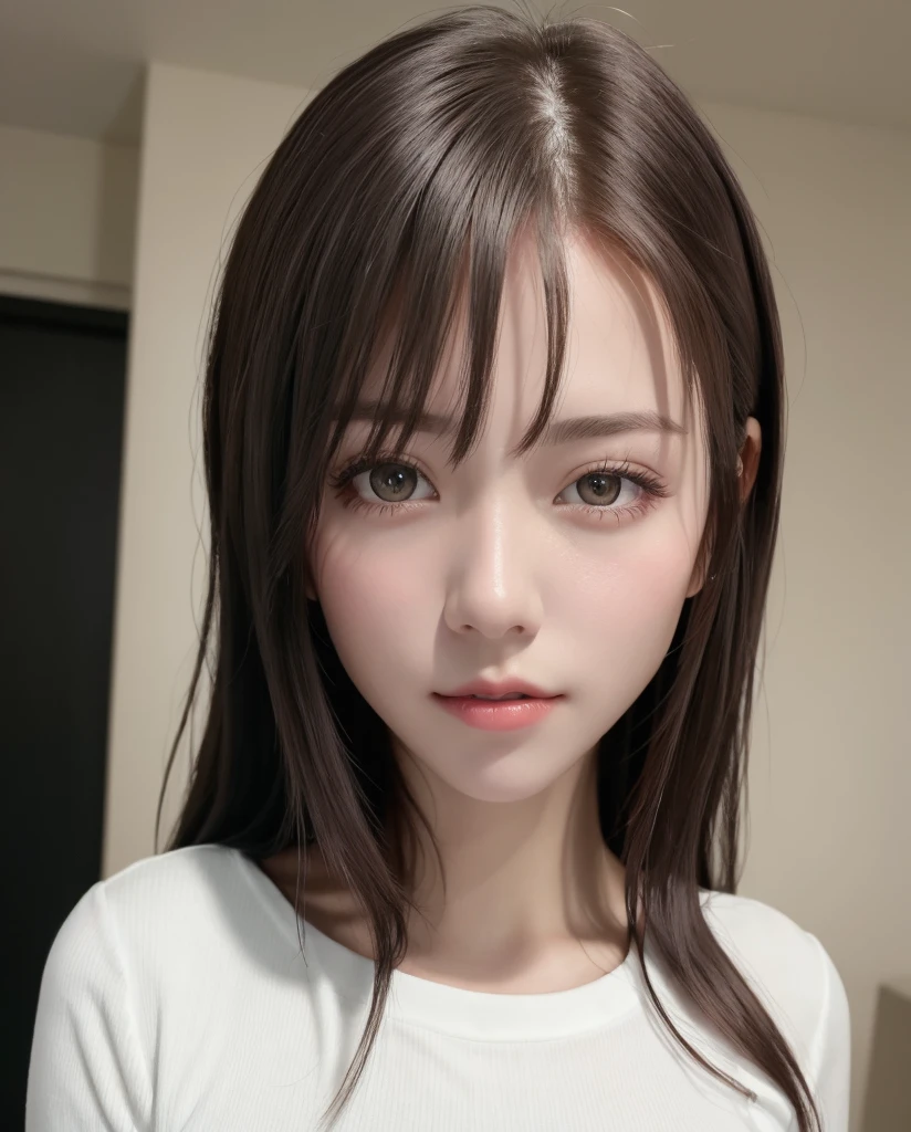 ​masterpiece、best qualtiy、(Dark photograph: 1.3)、Photorealsitic、1girl in、flat bangs、Stunning innocent symmetrical face、The shirt、emotional、Orchan、(pureerosface_v1:0.7)、Peephole at the front door of the apartment