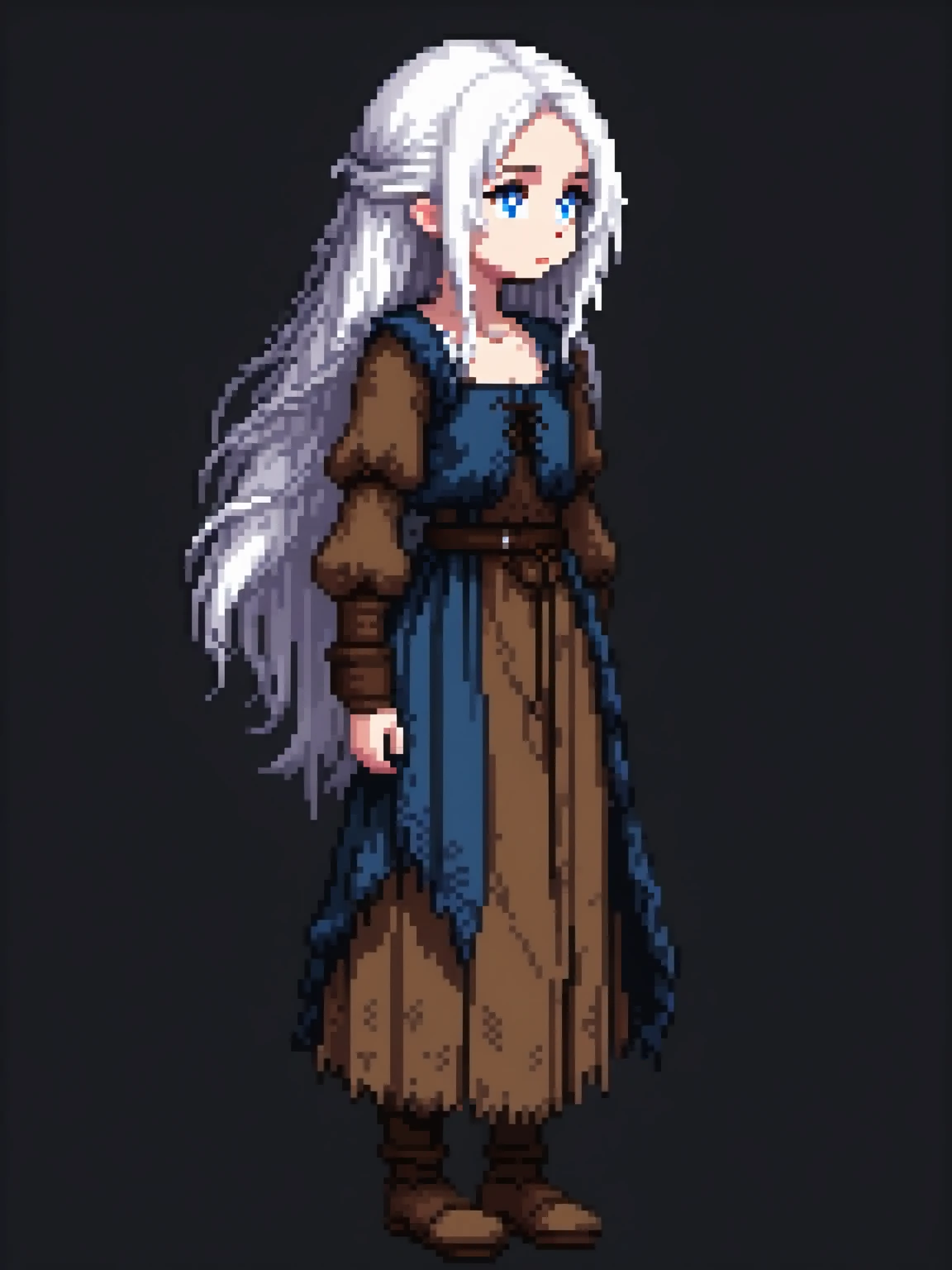 (Pixel art:1.2), 1 girl, ragged and dirty brown medieval peasant clothes, covered nipples, blue eyes, side view, full body, white hair, lips, nose, black background, sad expression.