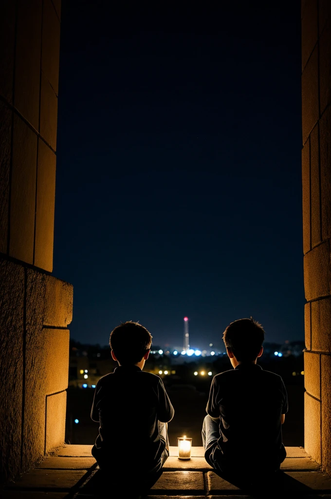 Two boys sitting in dark shade looking at a beautiful night