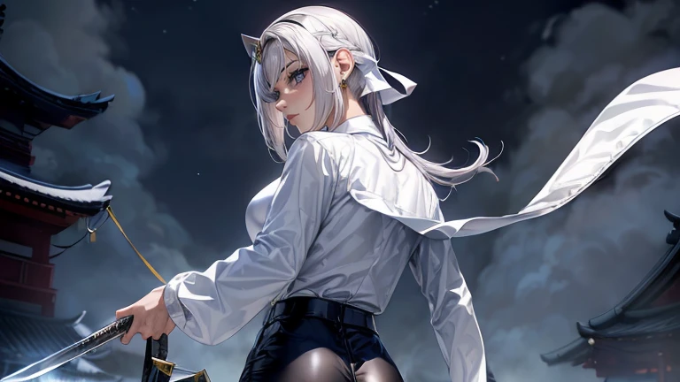 ((monsters looming:1.7、Woman fighting zombies))、((perfect anatomy,realist:1.3,from behind, facial focus,(looking at the viewer:1.2), Masterpiece、of the highest quality、Ultra - high resolution、high resolution、Very detailed CG、8k)),cowboy shot,1 female,Alone,18 years、High school girl swordsman、18 yearsの美少女,Japanese,(((Beautiful face and detailed eyes:1.3,big and beautiful eyes:1.5,grey eyes,shy))),black fur, wide,(center parted hair, forehead),(, Skinny body,small head:1.3,Skinny),((Oily skin)),(glowing skin,shiny skin),(shiny black leggings、(white long sleeve collared shirt:1.4)、dynamic pose,Cut zombies with a sword、Fighting with Japanese swords、Accurately depicted Japanese sword、callejon、At night、Moonlight、SUCH、