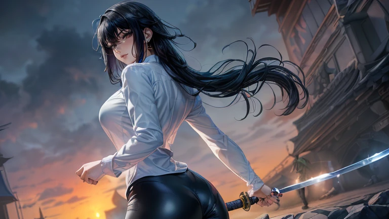 ((monsters looming:1.7、Woman fighting zombies))、((perfect anatomy,realist:1.3,from behind, facial focus,(looking at the viewer:1.2), Masterpiece、of the highest quality、Ultra - high resolution、high resolution、Very detailed CG、8k)),cowboy shot,1 female,Alone,18 years、High school girl swordsman、18 yearsの美少女,Japanese,(((Beautiful face and detailed eyes:1.3,big and beautiful eyes:1.5,grey eyes,shy))),black fur, wide,(center parted hair, forehead),(big breasts, Skinny body,small head:1.3,Skinny),((Oily skin)),(glowing skin,shiny skin),(shiny black leggings、(white long sleeve collared shirt:1.4)、dynamic pose,Cut zombies with a sword、Fighting with Japanese swords、Accurately depicted Japanese sword、callejon、At night、Moonlight、SUCH、