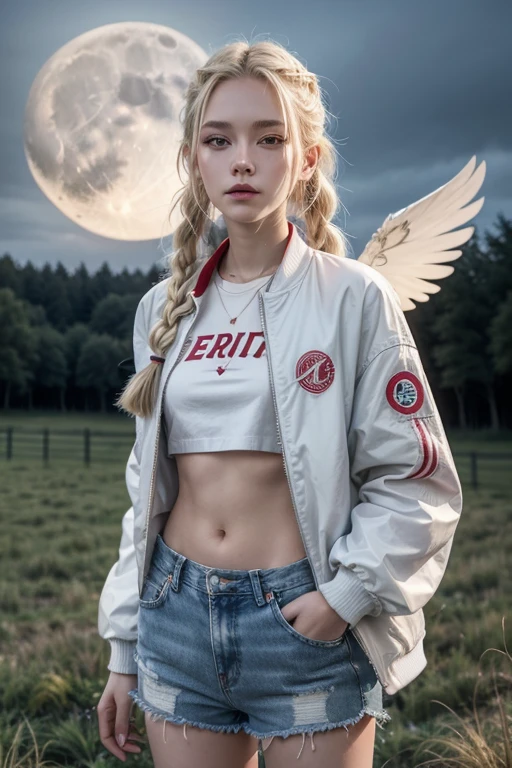 Kizi, white, 20 year. blonde with two long braids, Red cropped jacket with drawn wings, Shorts Jeans, tennis, in a rural landscape, looking at the full moon in the sky