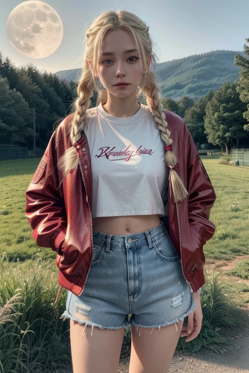 Kizi, white, 20 year. blonde with two long braids, Red cropped jacket with drawn wings, Shorts Jeans, tennis, in a rural landscape, looking at the full moon in the sky