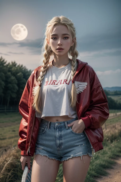 Kizi, white, 20 year. blonde with two long braids, Red cropped jacket with drawn wings, Shorts Jeans, tennis, in a rural landscape, looking at the full moon in the sky