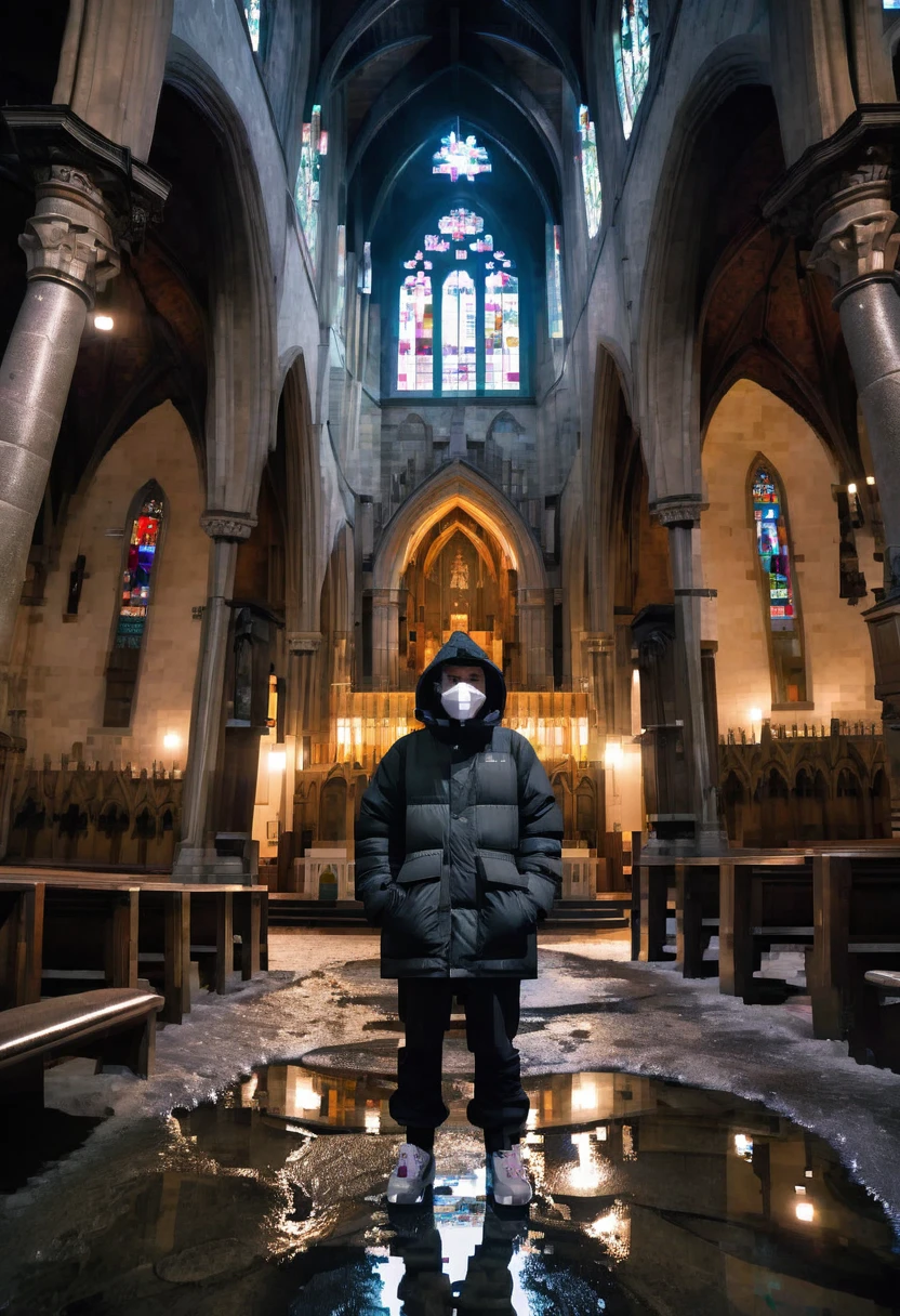 fisheye lens, puffer jacket ski baggy pants white sneakers mask man standing inside a gothic church, wet stone, puddles, infinite vaults, bloodborne, dramatic light, low key, candle light
