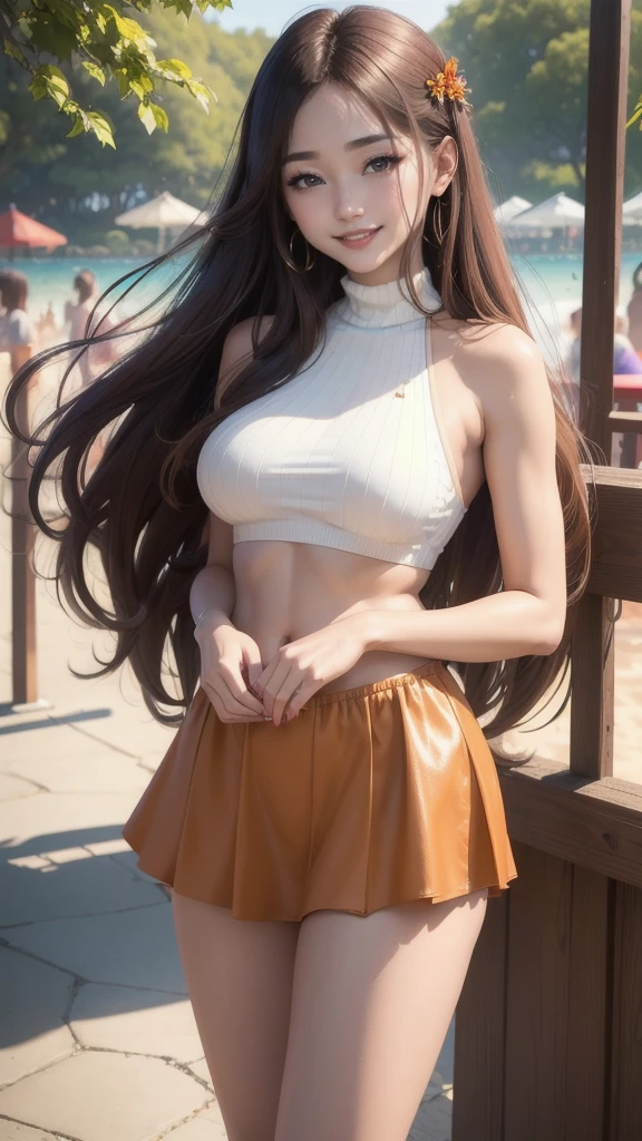((best quality, 8K, masterpiece :1.3)), A girl, closure, ((Very friendly smile:1.2)),Red lipstick,Dark lipstick,Beautiful female breasts:1.3,Violet sweater,Orange tight-fitting skirt,Highly detailed face, Fine particles, Double eyelids, Blurred Background, external, Sunlight, ocean, nature,amusement park, (Maximum resolution: 1.4), (Ultra HD: 1.2), light, (Delicate eyesと肌), (Detailed facial features), 8K resolution, Perfect style, Beautiful expression、Highly detailed faceと肌の質感、Delicate eyes、Double eyelids、((Pure white skin:1.2)),Glossy lips:1.2、Delicate lips,Wet lips,((full-body shot:1.2)),(Straight Hair、Light brown hair)、One long hair、175 cm,Slim abdominal muscles