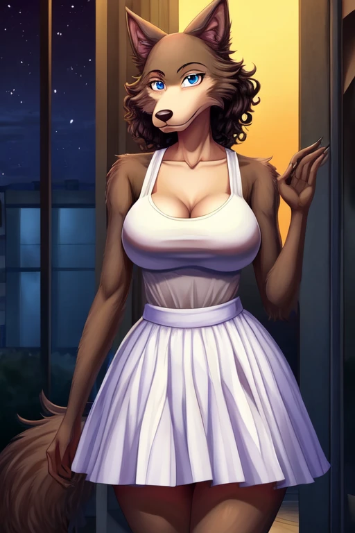 Beastars art style, beastars, Juno, brown wolf, she Wolf, 1girl, furry, long curly brown fur, slim figure, blue eyes, wide hips, Big breasts, White skirt, White top, cleavage, night time, woods