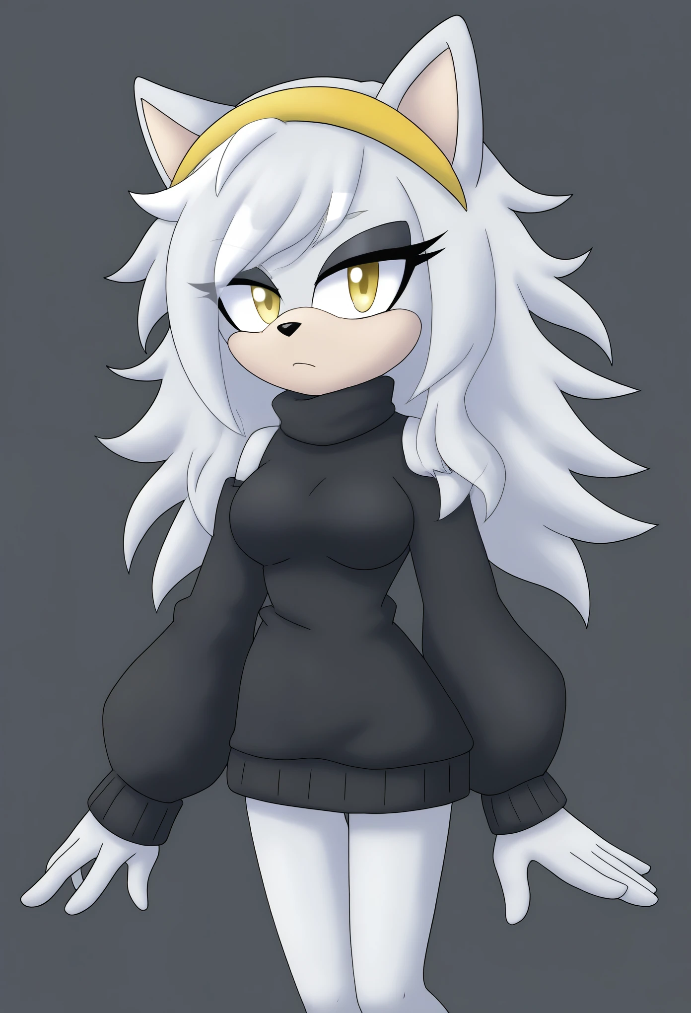 (1girl), (solo), Female wolf, brownish fur, long hair, white highlights, 3 large hair bangs, (side locks/quills over shoulders), yellow eyes, white patches of fur around eyes, (medium breasts), (black sweater), turtleneck, yellow headband, light skin colored muzzle and inner ears, eyelashes, expressionless, daytime, mobian, mobius city
