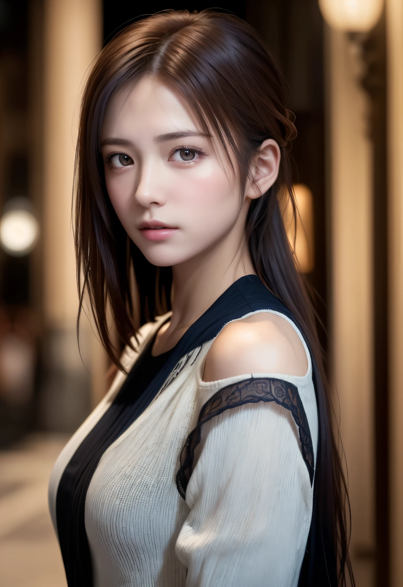 8K, of the highest quality, masutepiece:1.2), (Realistic, Photorealsitic:1.37), of the highest quality, masutepiece, Beautiful young woman, Pensive expression, Thoughtful look, Elegantly dressed, Hair tied back, Messy mood, Cinematic background, Tired, Light skin tone