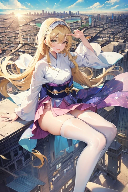 Official Art, masterpiece, Clear focus, (beautiful, Beautiful and cute Korean woman:1.3), (Beautiful and cute Korean:1.3), Korean beauty, 精致beautiful头发、Eyes and face, actual, Super detailed, beautiful女孩, Blue sky, Glowing white particles, (Side Light:1.2), Sunlight, White Cloud, Detailed clouds, Slim, Such a cute big ass, Smile with teeth bared, ((Smile with your eyes, Open your eyes)), landscape, Long straight hair, sexy facial expression, architecture, (city View:1.7), Dynamic Hair, very Long straight hair, Delicate blonde hair, Green Eyes, Pink skirt, Black socks, Pale skin, Hair accessories, epic landscape,,White high heels,Nice ass,beautiful buttocks,There's nothing under the skirt.,weight loss