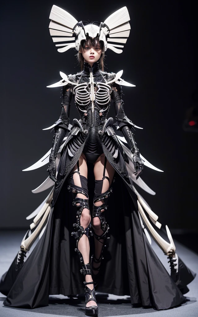 Biomechanical design Biomechanical design that mimics the shape and structure of living organisms。Dresses and accessories made from animal skeletons and insect exoskeletons。Moving parts and autonomously transforming costumes。The background is the Paris Fashion Week runway。