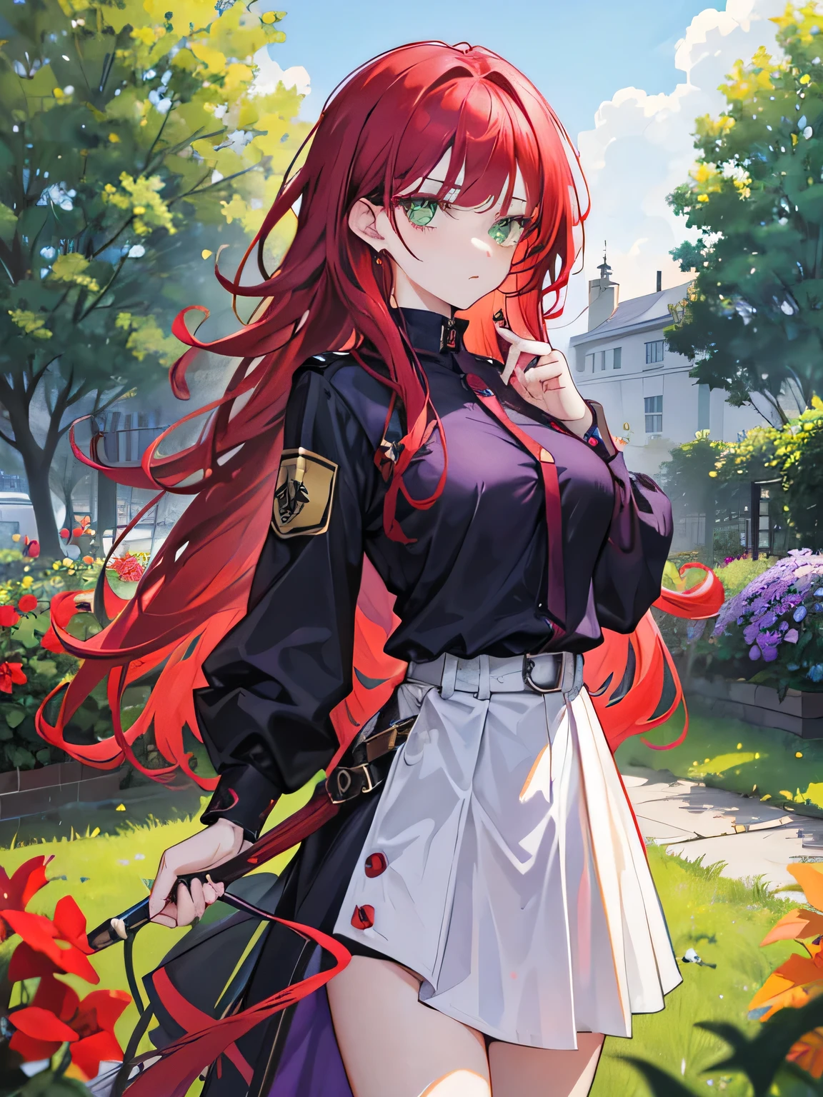girl, green eyes, long red hair, she hair messy wavy. twins tail. wear purple black uniform, arogant, independent woman, thug. bad girl. itimidating women. glare. background in garden.