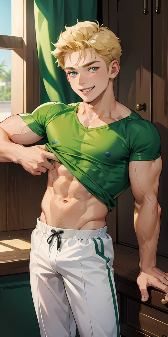 (masterpiece, Best Quality),The whole body of boy, ************ boy, Muscular, bodybuilder, green shirt blond freckled smile 