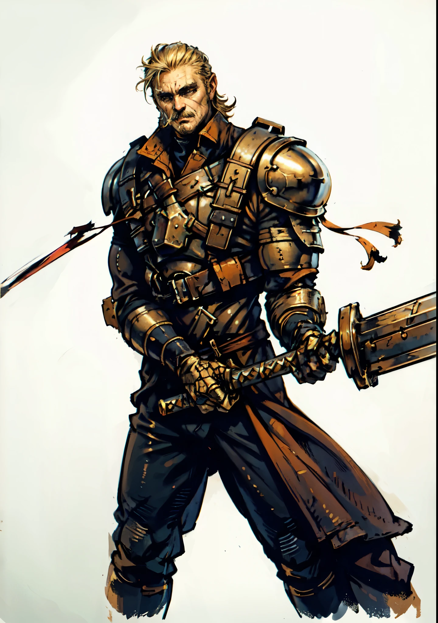 (masterpiece:1.2, best quality, extremely delicate, perspective, foreshortening, dynamic angle), a middle-aged man with slicked-back golden hair, a dignified face, deep eyes, a mustache on his upper lip, a focused expression, tall and muscular, covered in scars, fantasy-reality style warrior leather armor, ribbons tied around his arms, black iron bracers, dark cargo pants, holds a long-handled greatsword with both hands, standing guard in front of a fortress gate, this character embodies a finely crafted fantasy-realist style warrior in anime style, exquisite and mature manga art style, dramatic, high definition, highres, ultra-detailed, ultra-fine painting, professional, perfect body proportions, golden ratio, anatomically correct, symmetrical face, extremely detailed eyes and face, high quality eyes, creativity, RAW photo, UHD, 32k, Natural light, cinematic lighting, masterpiece-anatomy-perfect