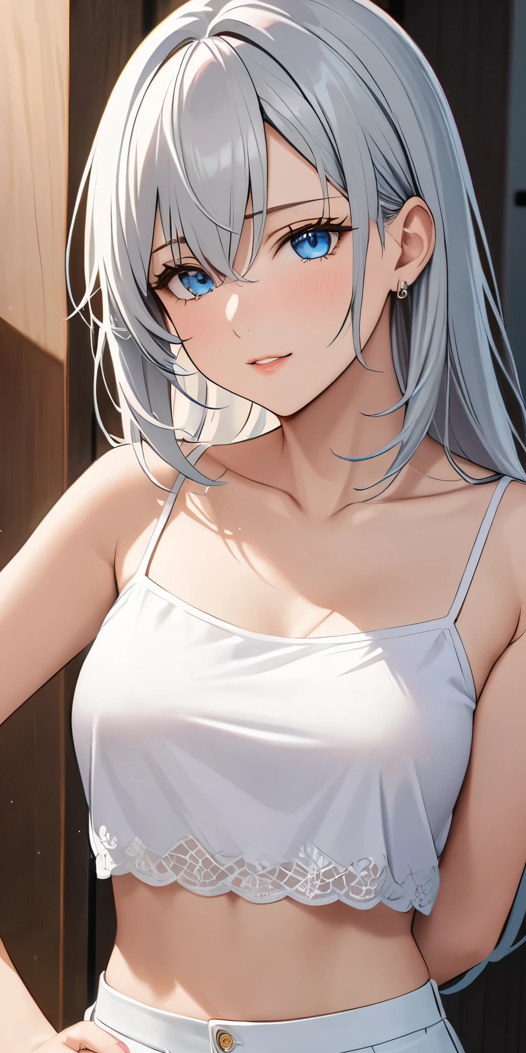  female，silver hair，blue eyes，short camisole，crop shirt，long hair，breast，half closed eyes，white，Art， high detailed，anime，illustration