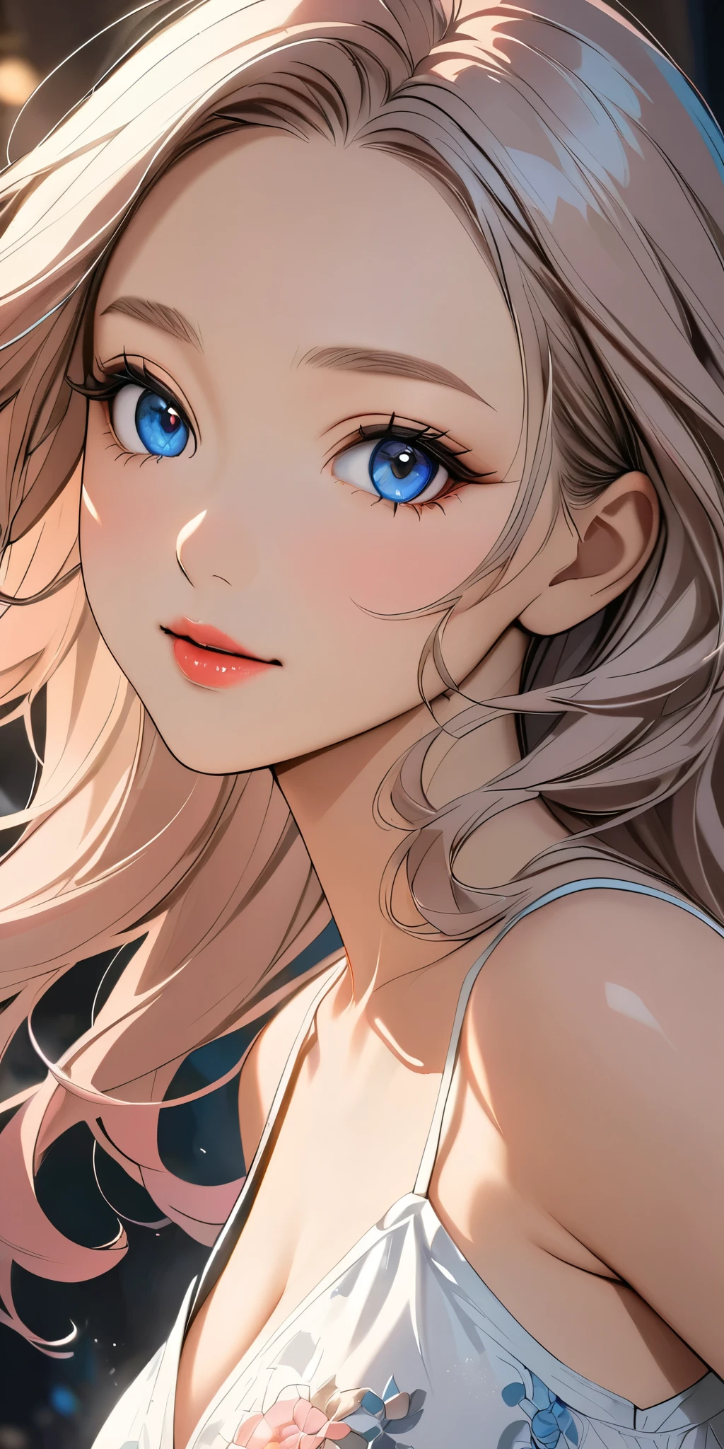 elegant young woman with long silver hair and vibrant blue eyes, wearing a short white camisole and cropped shirt, detailed face and body, beautiful detailed eyes, beautiful detailed lips, extremely detailed eyes and face, long eyelashes, illustration, anime style, highly detailed, 8K, photorealistic, masterpiece, vivid colors, soft lighting, delicate skin, flowing hair, detailed fabric textures, intricate details, dynamic pose