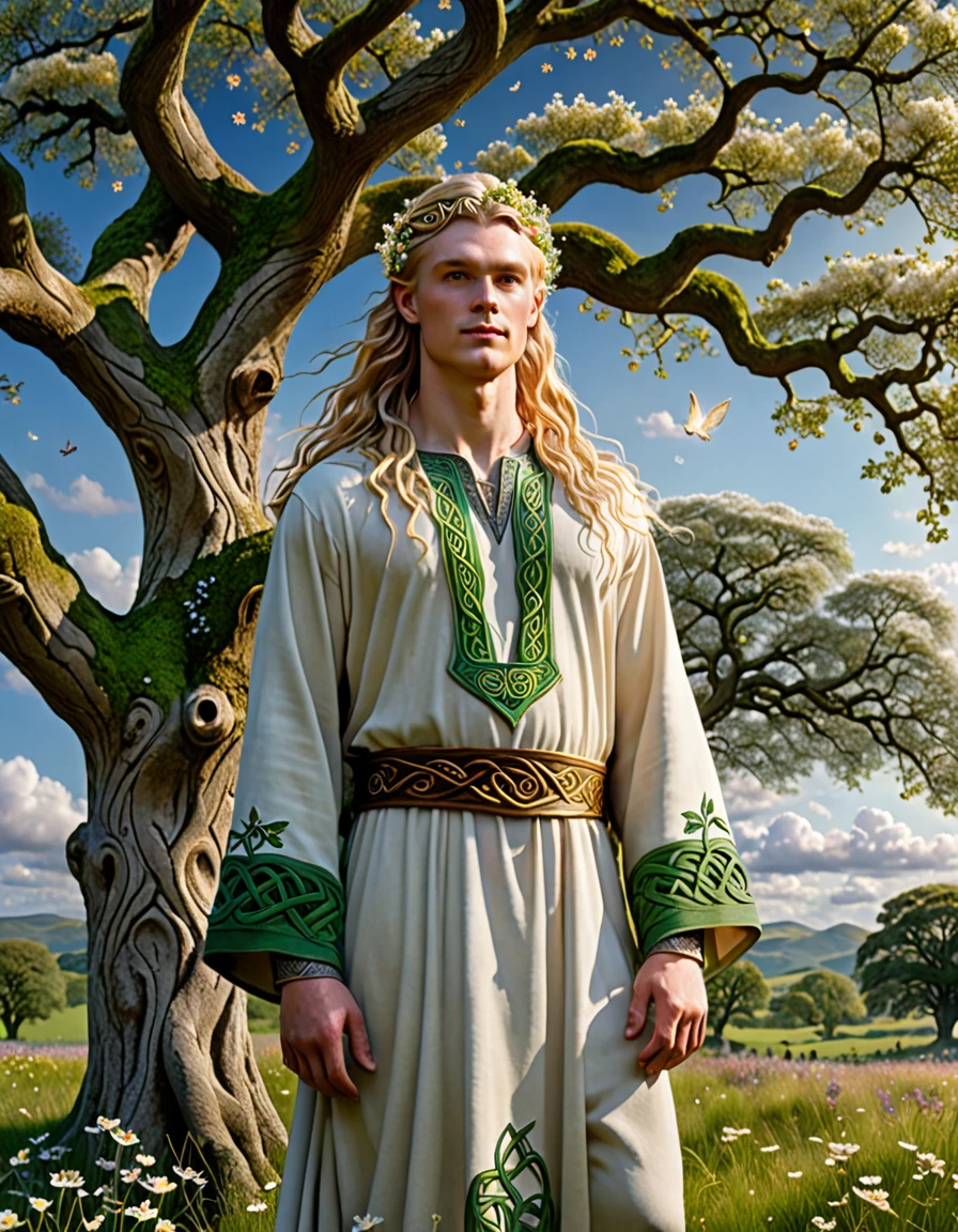 Perfect realistic highly detailed impainting 3D photography of Aengus, the Celtic God of love, youth, beauty and dreams, in a beautiful meadow. He is standing under an ancient oak tree, whose branches are adorned with bright, sparkling flowers. Her golden hair flows softly in the wind, and he wears a tunic embroidered with symbols of love and stars.