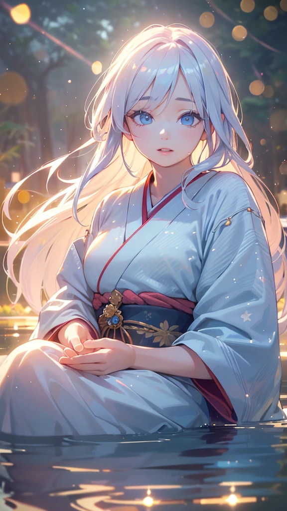 beautiful young woman in traditional japanese kimono sitting on the shore of a calm lake, long white hair, light blue eyes, the surface of the lake reflecting her image like a mirror, sparkling particles of light dancing around her, creating a dreamy, fantastical atmosphere, the scene evoking the feeling of tanabata festival, (best quality,8k,highres,masterpiece:1.2),ultra-detailed,(realistic,photorealistic,photo-realistic:1.37),detailed facial features,extremely detailed eyes and face,longeyelashes,beautiful detailed lips,beautiful detailed skin,natural lighting,warm color tones,soft focus,bokeh
