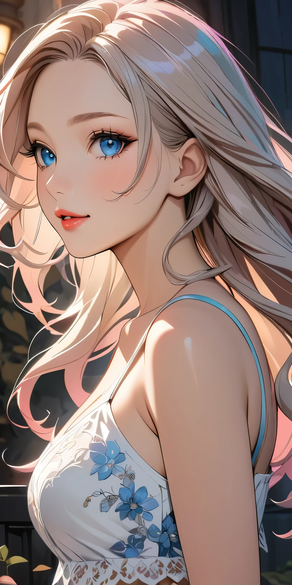 elegant young woman with long silver hair and vibrant blue eyes, wearing a short white camisole and cropped shirt, detailed face and body, beautiful detailed eyes, beautiful detailed lips, extremely detailed eyes and face, long eyelashes, illustration, anime style, highly detailed, 8K, photorealistic, masterpiece, vivid colors, soft lighting, delicate skin, flowing hair, detailed fabric textures, intricate details, dynamic pose