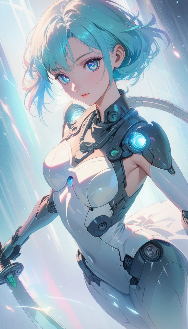 1mechanical girl,(holding sword:1.1),shadows,ultra sharp,metal,(cold colors),rending on cgsociety,facing camera,machanical limbs,mechanical cervial attaching to neck,ghost in the shell,anime art style,
looking_at_viewer,masterpiece,best quality,(ultra realistic details),glass-like sparkling eyes are blurry and dreamy,muscle tone and definition,high contrast eyes,finely detailed features,stunning colors,cinematic lighting effects,super wide Angle,light particles,light particle art,(glowing:1.1),