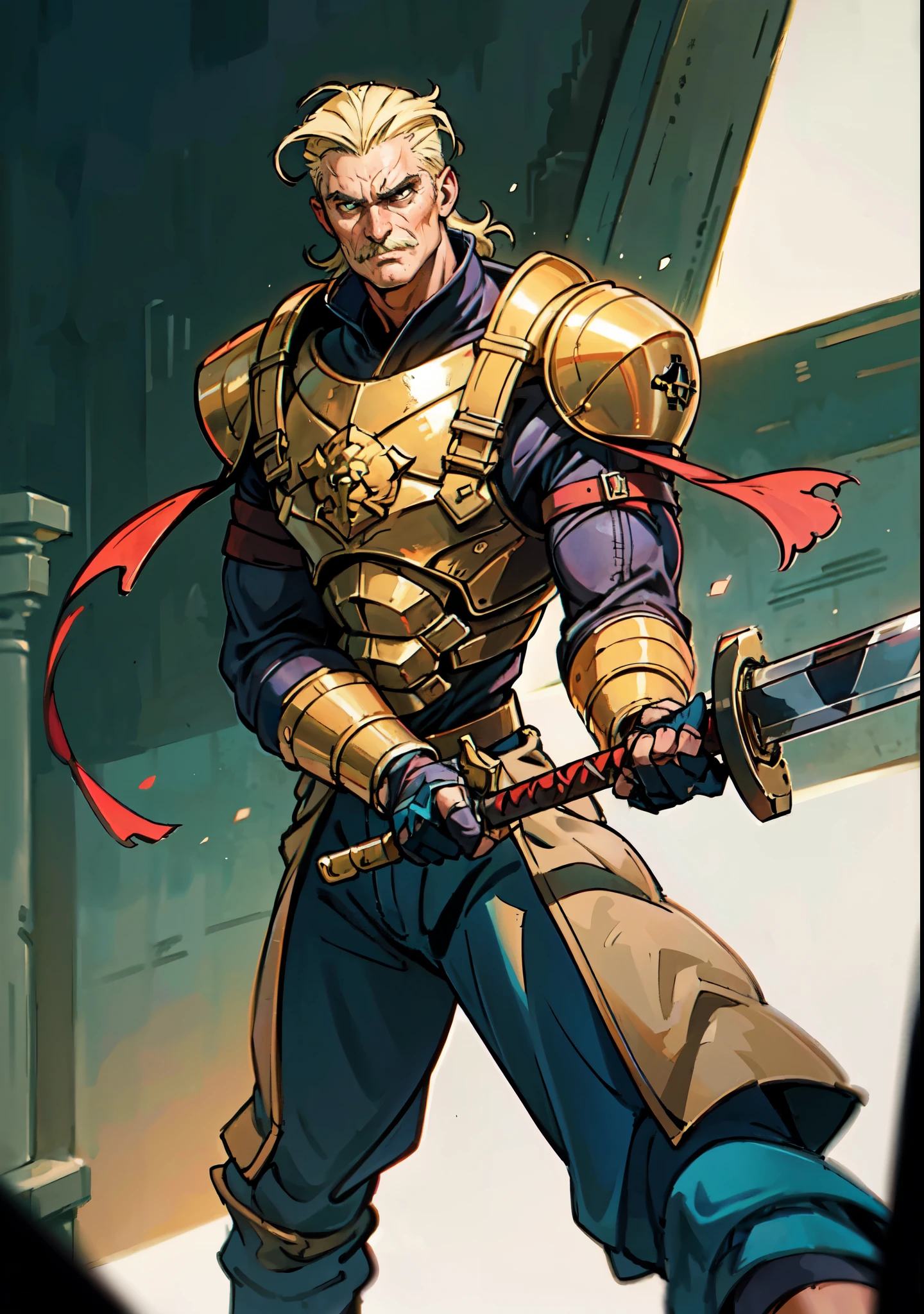 (masterpiece:1.2, best quality, extremely delicate, perspective, foreshortening, dynamic angle), a middle-aged man with slicked-back golden hair, a dignified face, deep eyes, a mustache on his upper lip, a focused expression, tall and muscular, covered in scars, fantasy-reality style warrior leather armor, ribbons tied around his arms, black iron bracers, dark cargo pants, holds a long-handled greatsword with both hands, standing guard in front of a fortress gate, this character embodies a finely crafted fantasy-realist style warrior in anime style, exquisite and mature manga art style, dramatic, high definition, highres, ultra-detailed, ultra-fine painting, professional, perfect body proportions, golden ratio, anatomically correct, symmetrical face, extremely detailed eyes and face, high quality eyes, creativity, RAW photo, UHD, 32k, Natural light, cinematic lighting, masterpiece-anatomy-perfect