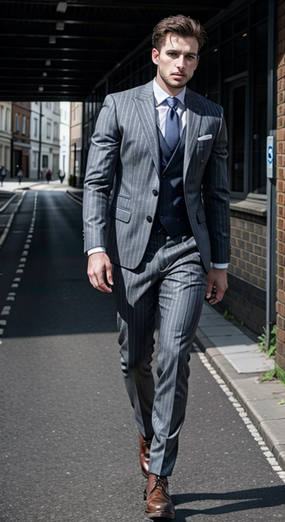 High resolution image of white skinned man with muscular body, showing full body, muscular arms, wearing a gray pinstripe suit, wearing caramel leather buckle shoes, walking in blurred deserted London, With Sun, looking at camera, perfect italian style face, fine nose, pink mouth lips, cloused mouth, well-defined eyes with blue iris, show muscular legs, 8K ultra resolution.