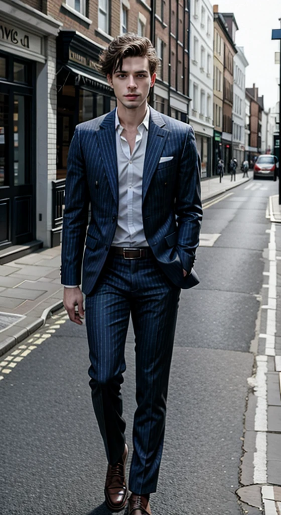 High resolution image of white skinned man with muscular body, showing full body, muscular arms, wearing a gray pinstripe suit, wearing caramel leather buckle shoes, walking in blurred deserted London, With Sun, looking at camera, perfect italian style face, fine nose, pink mouth lips, cloused mouth, well-defined eyes with blue iris, show muscular legs, 8K ultra resolution.